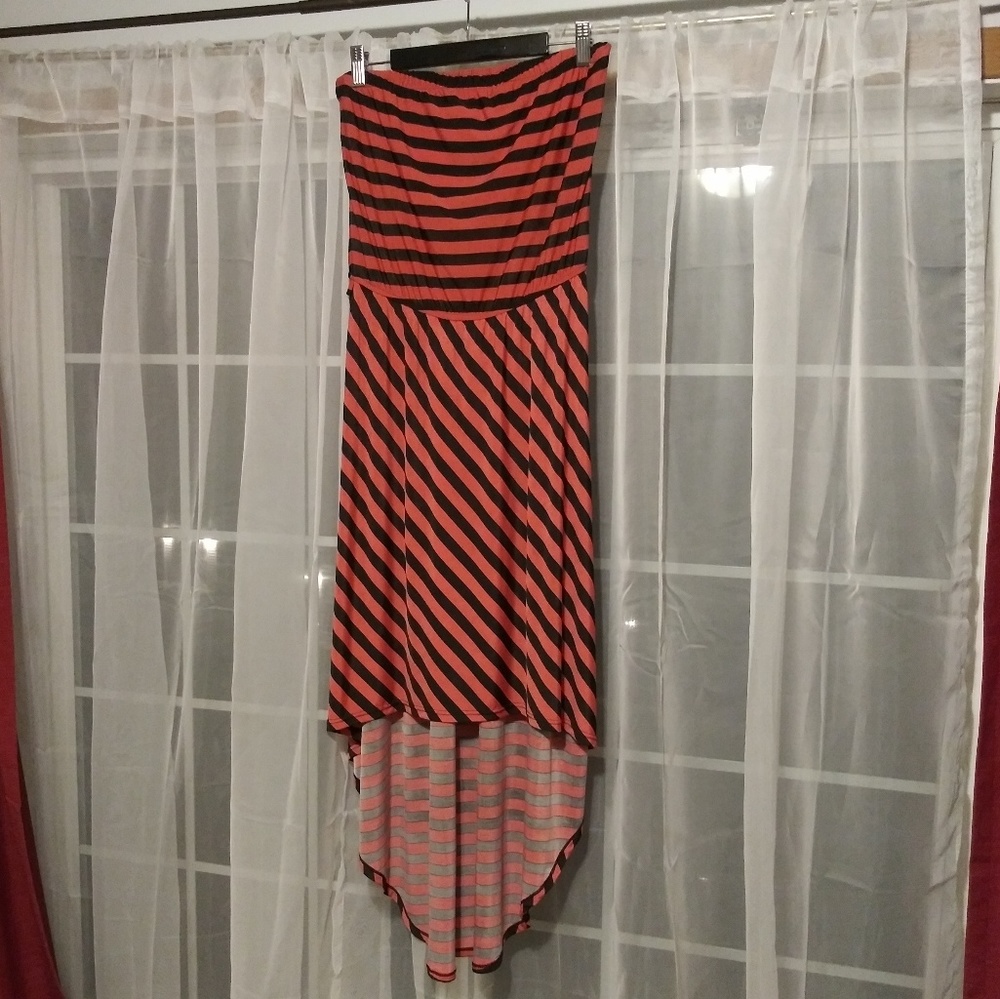 Coral & black striped strapless high-low dress